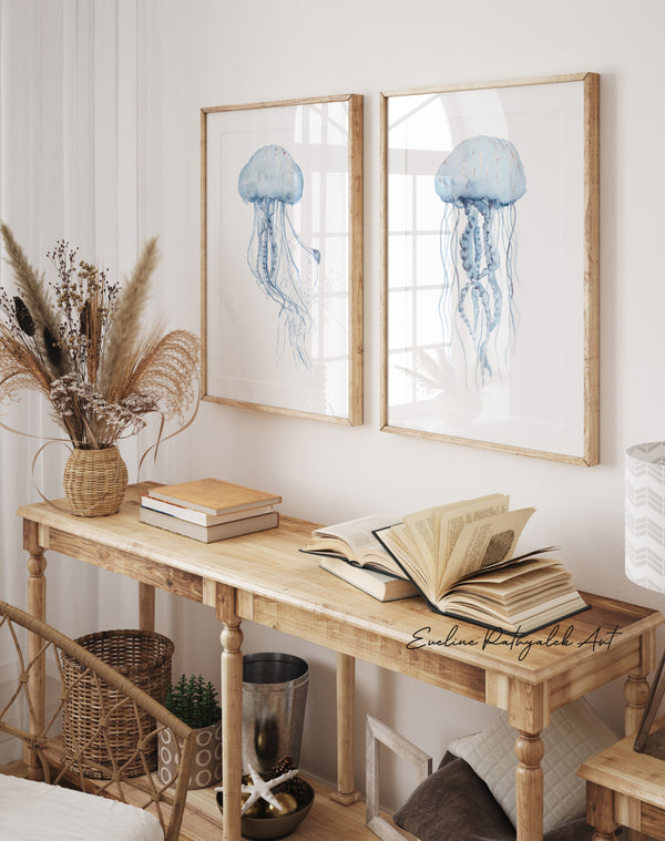 Blaue Quallen Wandbilder Set aus 2 – Minimalistische Aquarell Poster, Skandinavische Küsten-Deko für modernes Strandhaus