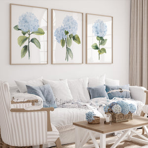 Light blue hydrangea watercolor wall art set of 3 prints