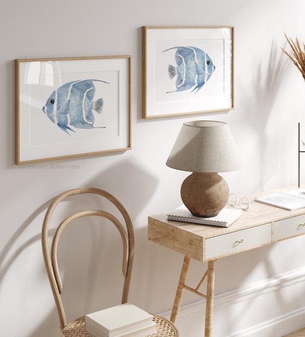 Two watercolor paintings of blue angelfish, each framed in a natural wood frame. The fish are facing each other in a horizontal orientation, creating a sense of balance and symmetry. The paintings are displayed on a white wall above a dining table with wooden chairs and a glass tabletop. The room is decorated with natural elements like woven baskets, dried flowers, and a small potted plant, creating a warm and inviting atmosphere.