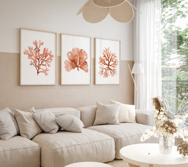 Orange Coral Wall Art Set of 3 – Botanical Coastal Reef Prints