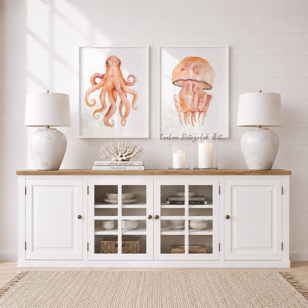 Watercolor Orange Coastal Art Octopus and Jellyfish Wall Prints