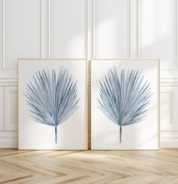 Blaue Aquarell Palmblätter Poster – Minimalistische Botanische Drucke, 2er Set – Skandinavische Boho Wanddeko