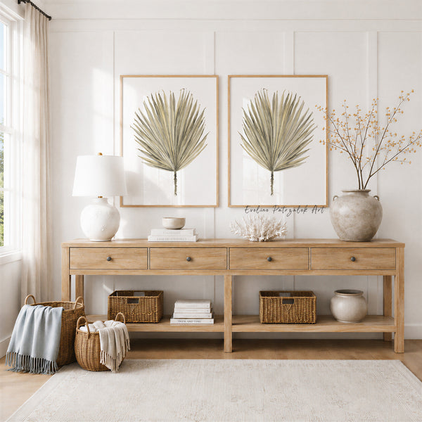 Wooden console table in a living room with decorative items and wall art.