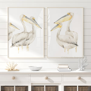 Modern watercolor pelican, coastal wall art prints for wall décor set of 2 prints