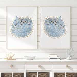 Watercolor Puffer Fish Wall Art Prints – Coastal Sea Life Set of 2, Nautical Ocean Beach House Wall Decor