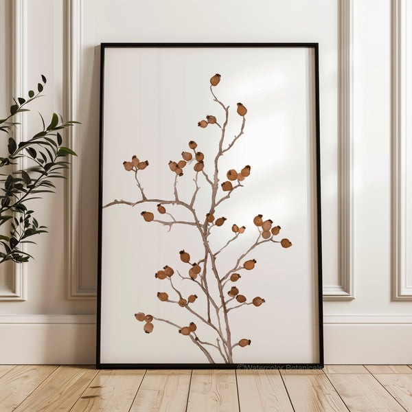 Cognac brown watercolor berry branch print in a black frame
