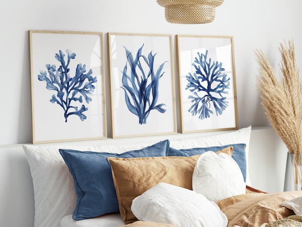 Seaweed and coral fine art posters in navy blue tones