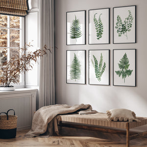 6er-Set grüne Farnblätter Aquarell, hochwertige skandinavische Kunstdrucke