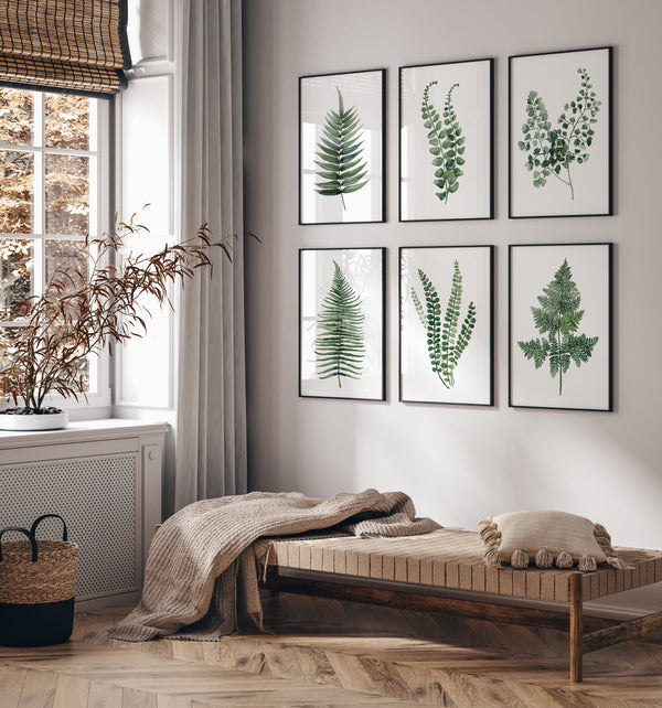 6er-Set grüne Farnblätter Aquarell, hochwertige skandinavische Kunstdrucke