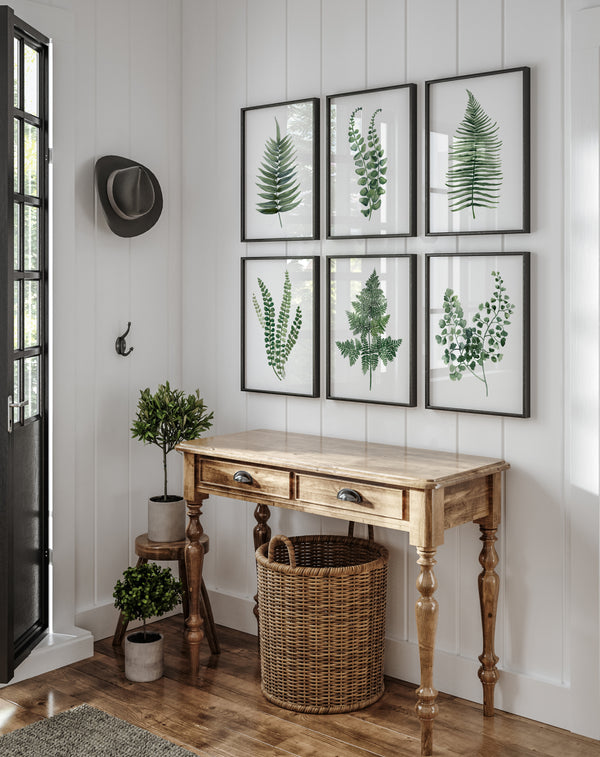 6er-Set grüne Farnblätter Aquarell, hochwertige skandinavische Kunstdrucke