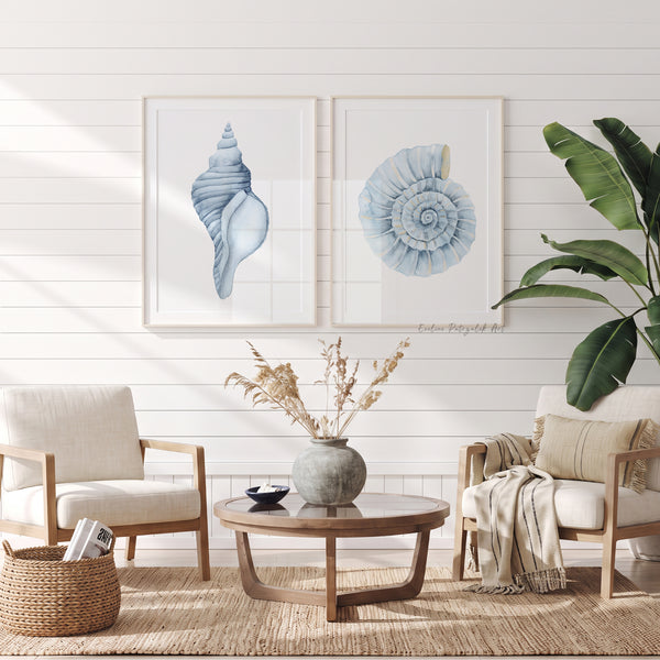 Ammonite & Conch Shell Wall Art – Minimalist Coastal Art Set