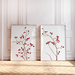 Rosehip Watercolor Art Prints – Red Berry Botanical Set of 2, Scandinavian Nature Wall Decor