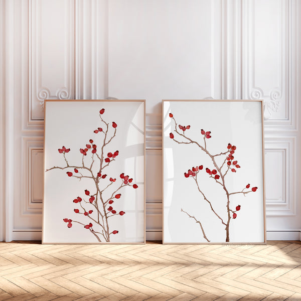 Rosehip Aquarell Kunstdrucke – Zweier-Set Rote Beeren Zweige, Botanische Wandkunst für modernes Zuhause
