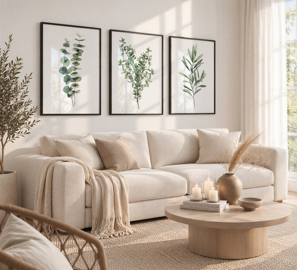 Eukalyptus, Thymian & Olive Wandbilder 3er Set – Aquarell Küchenkräuter Kunstdrucke