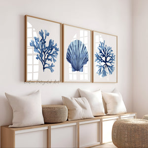 Navy Blue Coastal Prints Set of 3 – Coral and Shell, Above Couch Beach House Decor, Watercolor Botanical Art
