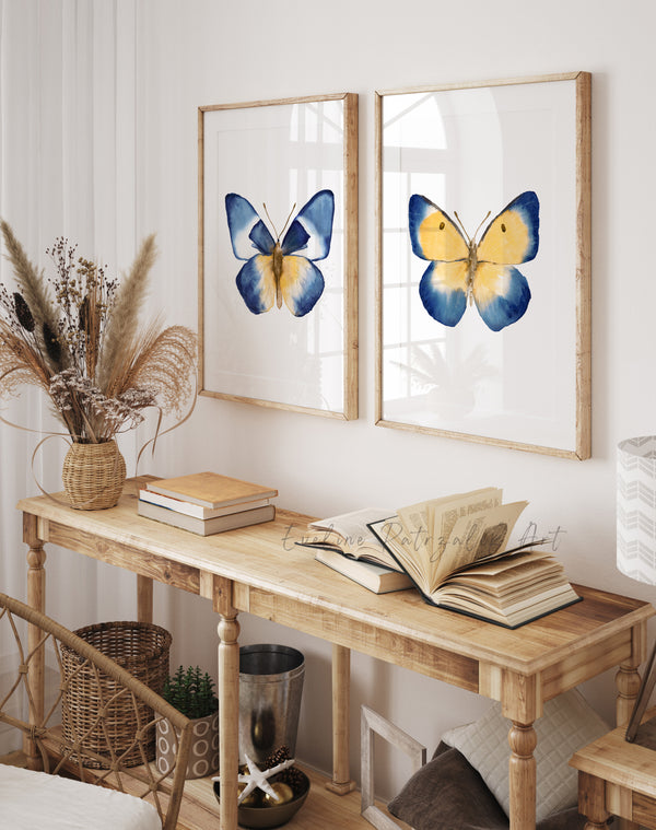 Coastal Blue Butterflies Watercolor Wall Art Set of 2 Prints