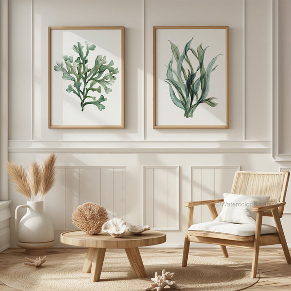 Watercolor Green Coral and Seaweed Art Prints, Hand-Painted Coastal Wall Decor