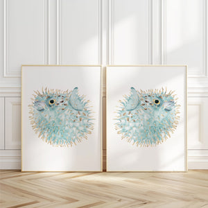 Watercolor Blowfish Wall Art Set of 2 – Minimalist Coastal Ocean Prints