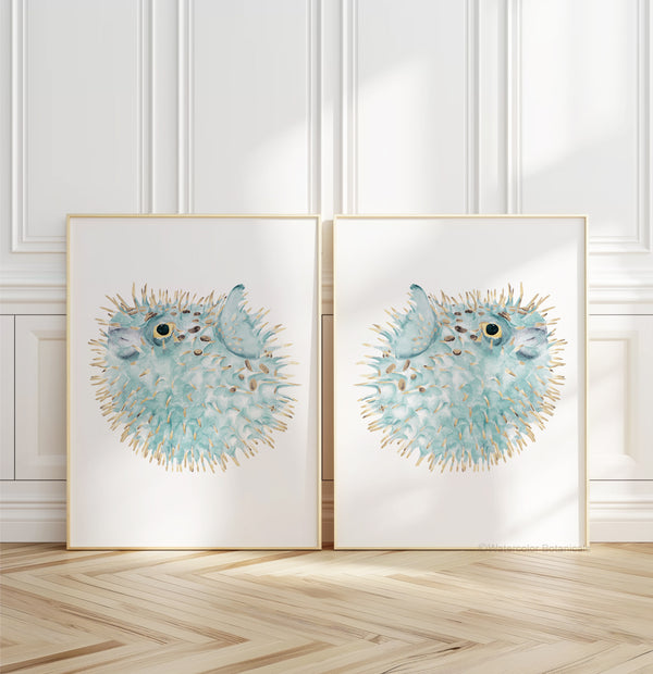 Aquarell Kugelfisch Poster Set 2 – Minimalistische Maritime Wandbilder im Coastal Stil