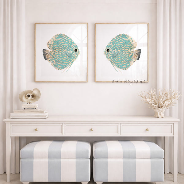 Fisch Wandbild Set 2er Aquarell Küstenkunst Teal Maritime Wanddekoration