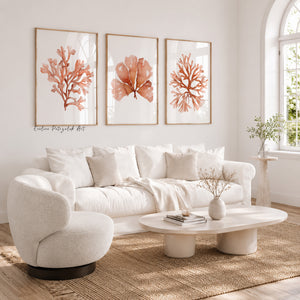 Orange Coral Wall Art Set of 3 – Botanical Coastal Reef Prints