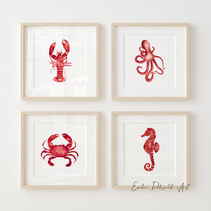 Set of 4 Red Coastal Wall Art Prints – Watercolour Sea Animals Artwork for Beach House & Nautical Bathroom Decor | Lobster, Octopus, Crab, Seahorse