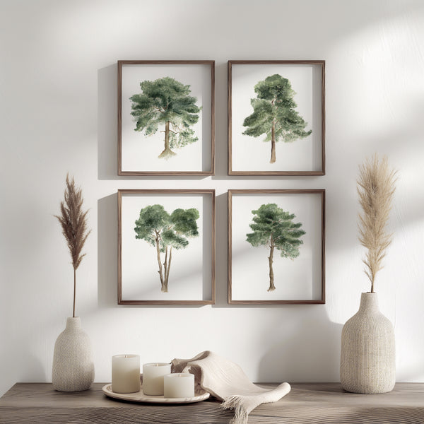 Skandinavische Wandkunst, 4er-Set Aquarell Bäume, hochwertige Kunstdrucke