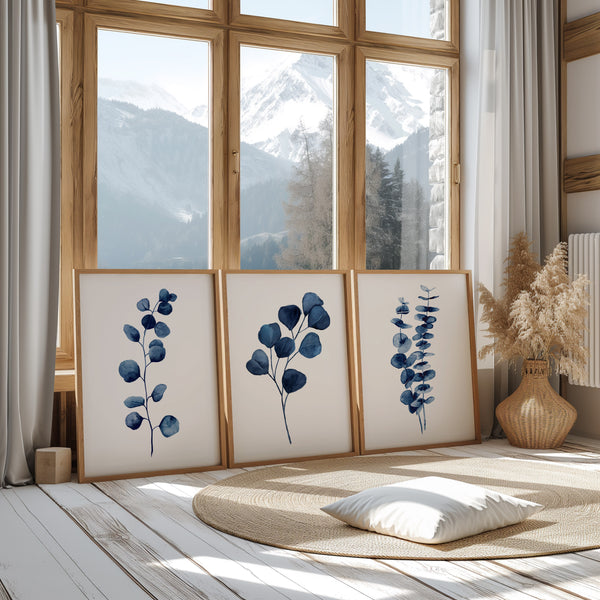 Watercolor Eucalyptus Wall Art Set of 3 – Navy Blue Botanical Prints for Modern Bedroom or Living Room