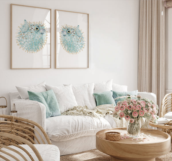 Aquarell Kugelfisch Poster Set 2 – Minimalistische Maritime Wandbilder im Coastal Stil