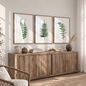 Green Fern Wall Art Set of 3 – Watercolor Botanical Prints for Natural Interiors