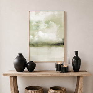 Landschaftsbild in Salbeigrün – Abstraktes Aquarell mit See und Wolken