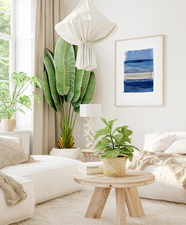 Blue Geometric Watercolor Wall Art Set of 3 – Modern Abstract Stripe Prints