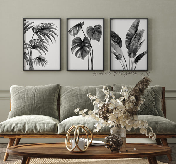 Large Black and White Botanical Wall Art Set – Minimalist Tropical Leaves Prints for Modern Living Room