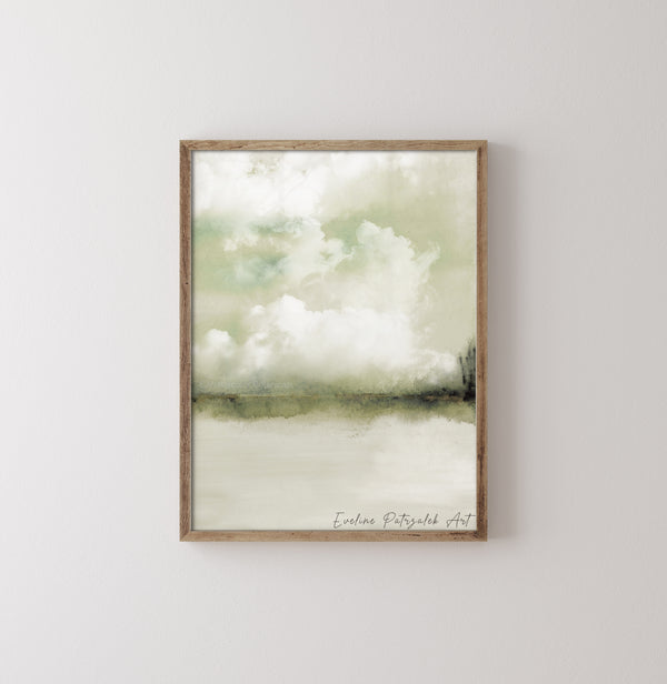 Sage Green Landscape Wall Art – Abstract Watercolor Lake & Cloud Print