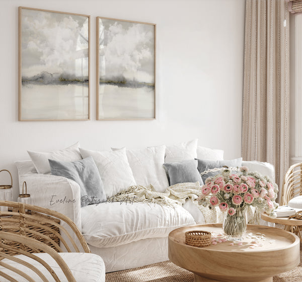 Japandi Wandbilder – Set von 2 Beige und Grau Abstrakte Landschaft mit Wolken
