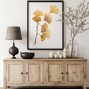 Ginkgo Poster in Gelb – Botanischer Kunstdruck in Aquarell, Minimalistische Wanddeko fürs Schlafzimmer oder Wohnzimmer