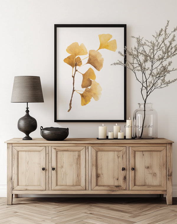 Ginkgo Poster in Gelb – Botanischer Kunstdruck in Aquarell, Minimalistische Wanddeko fürs Schlafzimmer oder Wohnzimmer