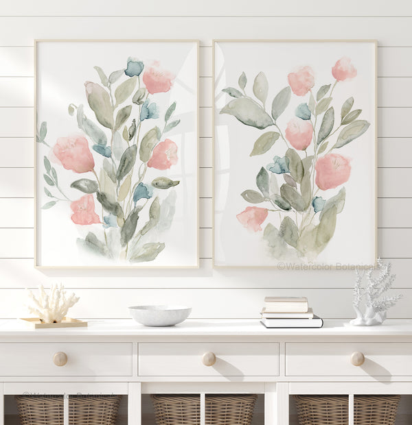 Set aus 2 Aquarellbildern mit Frühlingsblumen, minimalistische botanische Wandkunst