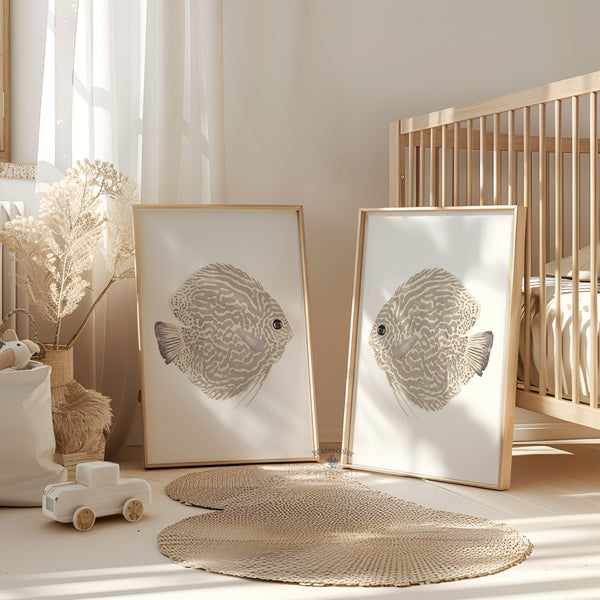 minimalist beige discus fish on white background in modern boho baby girl nursery