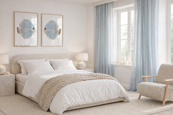 Modern bedroom with a bed sbove which hang 2 large frames with discus fish on white background painted by eveline patrzalek, lamps, and decorative elements.