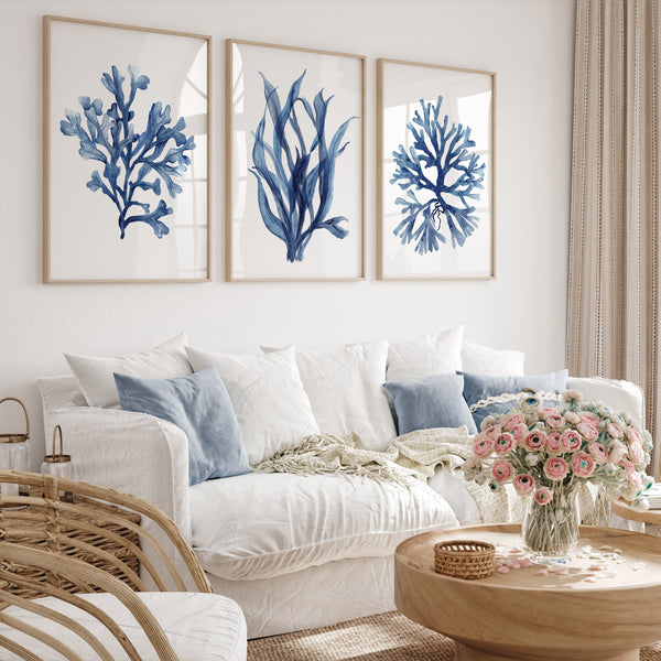 Seaweed and coral fine art posters in navy blue tones