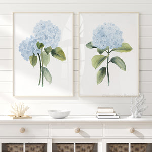 Watercolor blue hydrangea flowers, set of 2 minimalist coastal prints, modern floral art