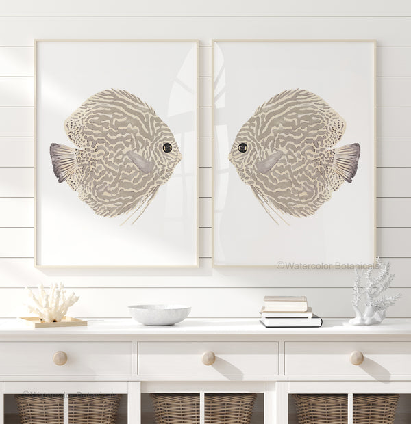 Boho set of 2 prints, modern coastal neutral art, beige abstract fish